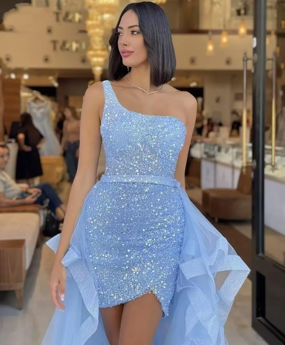 YUAOHUANG One Shoulder Sequin Prom Dresses Sparkly Tight Formal Evening Dress with Ruffles Long Tulle Detachable Train