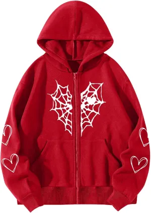 Zip Up Hoodie Women Spider Web Heart Print Graphic Sweatshirts Loose Casual Long Sleeve Hooded Jacket Top with Pocket