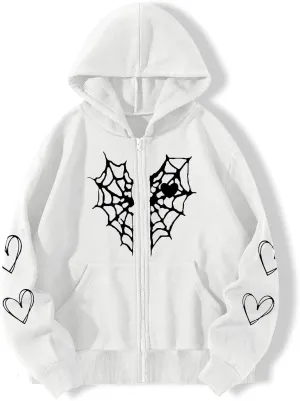 Zip Up Hoodie Women Spider Web Heart Print Graphic Sweatshirts Loose Casual Long Sleeve Hooded Jacket Top with Pocket
