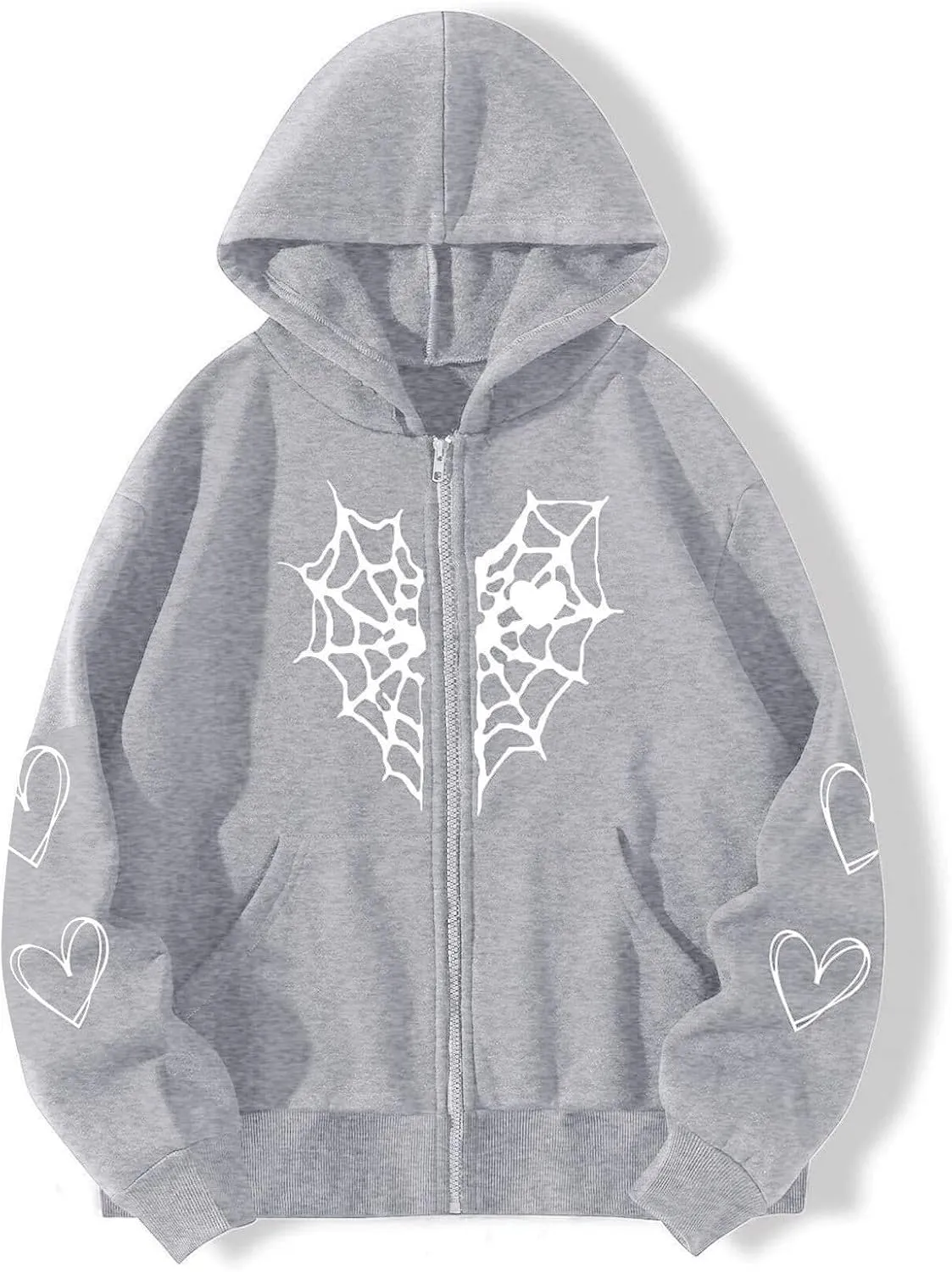 Zip Up Hoodie Women Spider Web Heart Print Graphic Sweatshirts Loose Casual Long Sleeve Hooded Jacket Top with Pocket