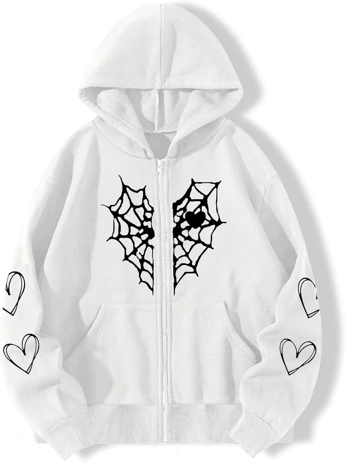 Zip Up Hoodie Women Spider Web Heart Print Graphic Sweatshirts Loose Casual Long Sleeve Hooded Jacket Top with Pocket