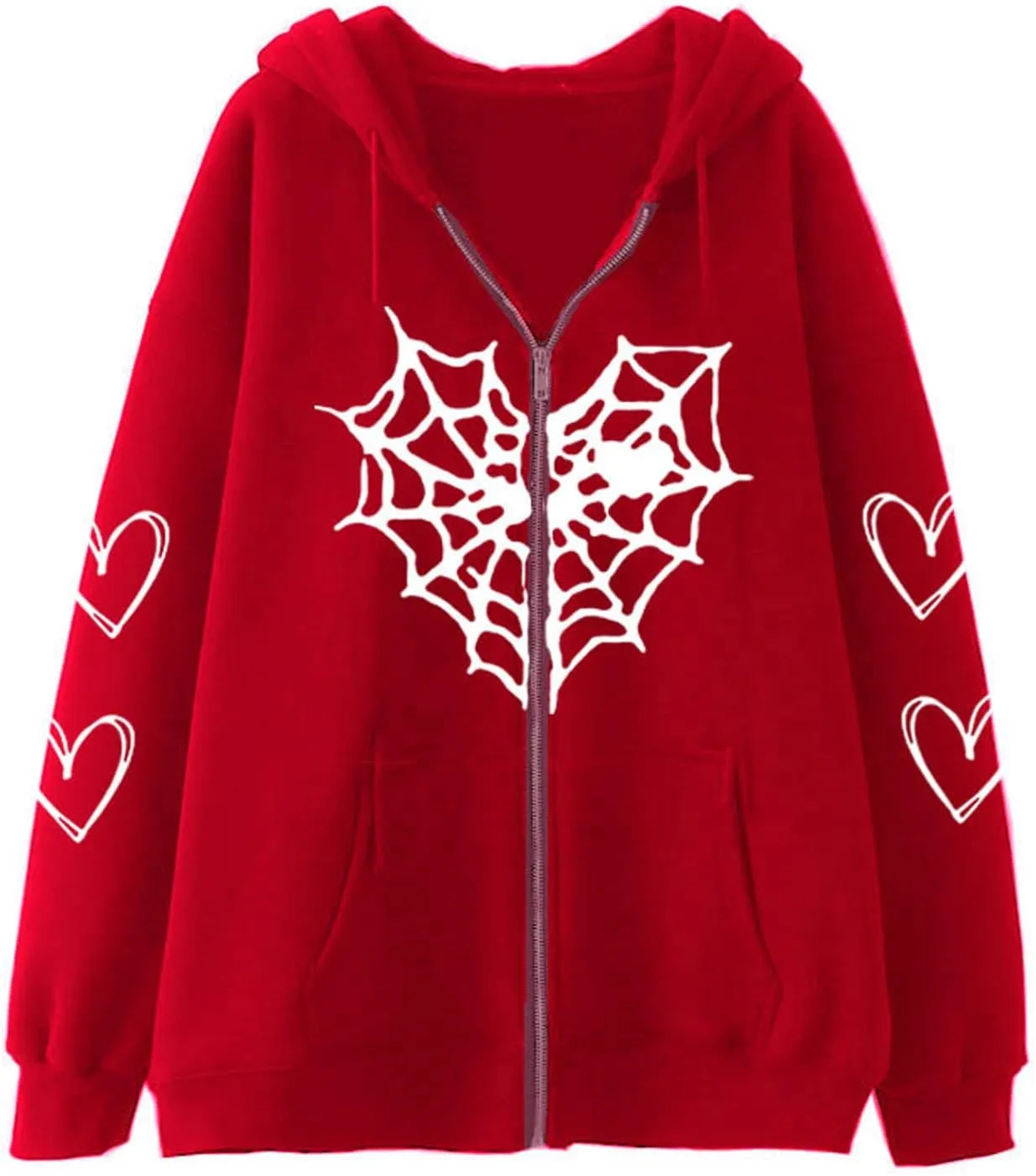 Zip Up Hoodie Women Spider Web Heart Print Graphic Sweatshirts Loose Casual Long Sleeve Hooded Jacket Top with Pocket
