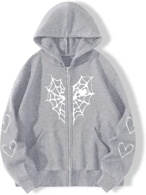 Zip Up Hoodie Women Spider Web Heart Print Graphic Sweatshirts Loose Casual Long Sleeve Hooded Jacket Top with Pocket