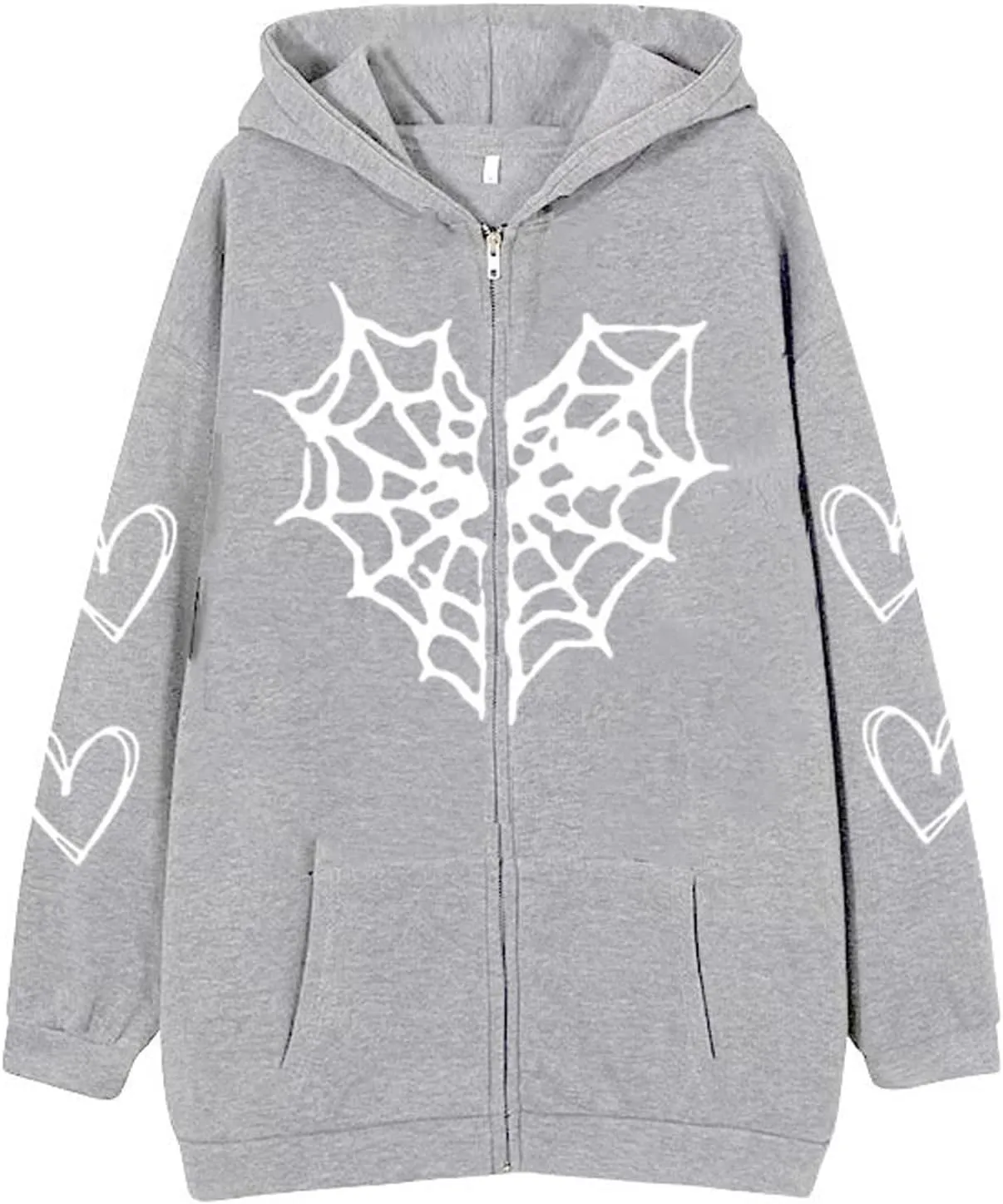 Zip Up Hoodie Women Spider Web Heart Print Graphic Sweatshirts Loose Casual Long Sleeve Hooded Jacket Top with Pocket