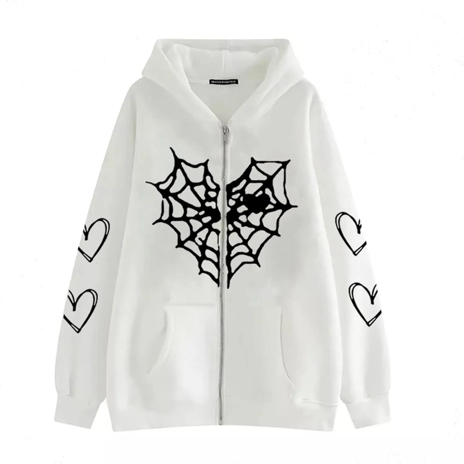 Zip Up Hoodie Women Spider Web Heart Print Graphic Sweatshirts Loose Casual Long Sleeve Hooded Jacket Top with Pocket