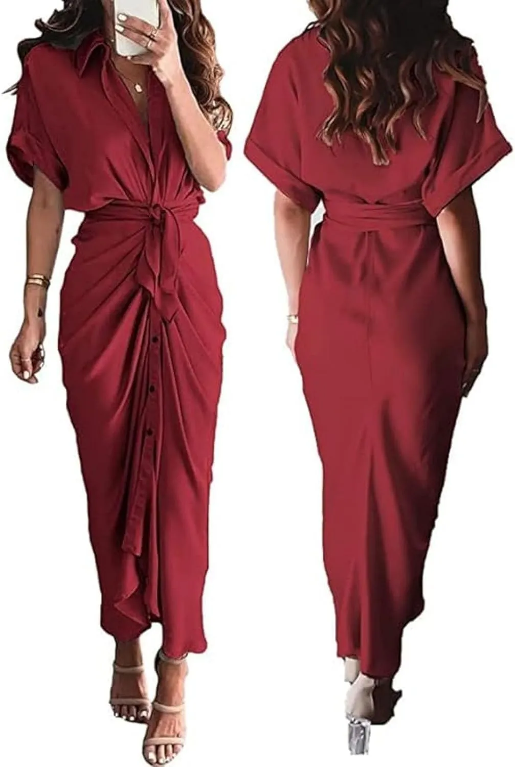 ZWRXW Dresses for Women Button Down Ruched Shirt Dresses Short Sleeve Lapel V Neck Maxi Dress Elegant Work Dress with Belt