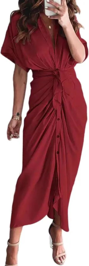 ZWRXW Dresses for Women Button Down Ruched Shirt Dresses Short Sleeve Lapel V Neck Maxi Dress Elegant Work Dress with Belt