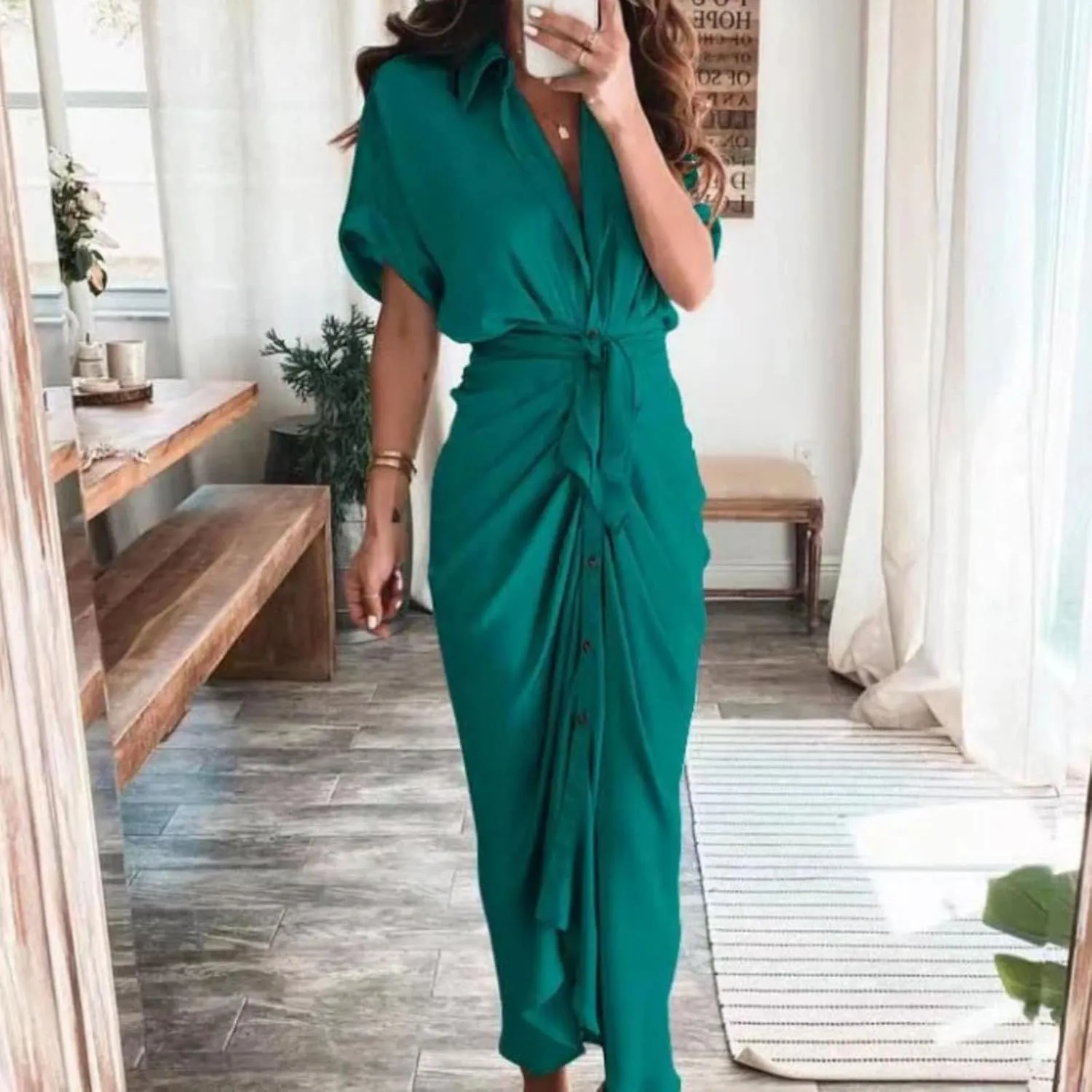 ZWRXW Dresses for Women Button Down Ruched Shirt Dresses Short Sleeve Lapel V Neck Maxi Dress Elegant Work Dress with Belt