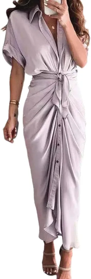 ZWRXW Dresses for Women Button Down Ruched Shirt Dresses Short Sleeve Lapel V Neck Maxi Dress Elegant Work Dress with Belt