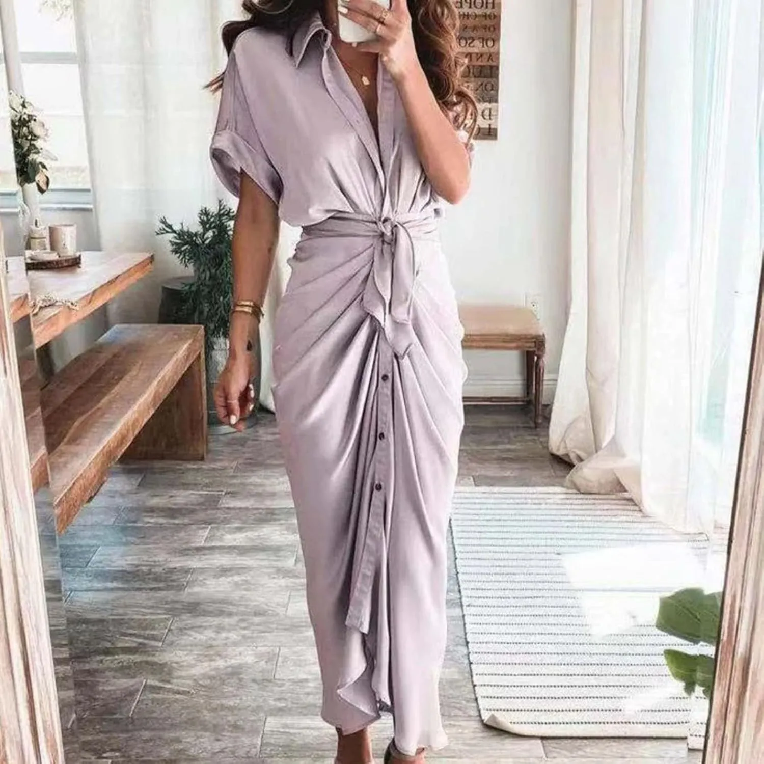 ZWRXW Dresses for Women Button Down Ruched Shirt Dresses Short Sleeve Lapel V Neck Maxi Dress Elegant Work Dress with Belt