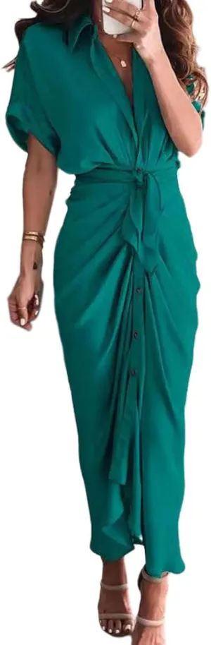 ZWRXW Dresses for Women Button Down Ruched Shirt Dresses Short Sleeve Lapel V Neck Maxi Dress Elegant Work Dress with Belt