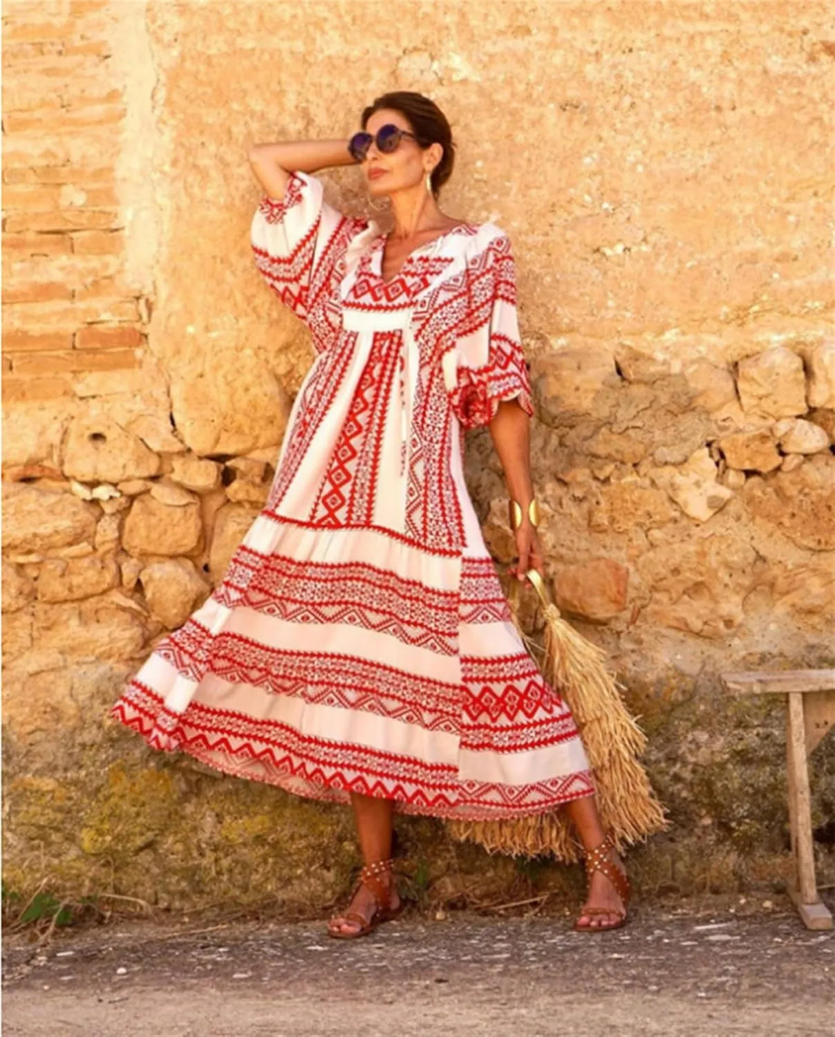ZWRXW Plus Size Boho Maxi Dress for Women Loose Bohemian Floral Dress Half Sleeve Flowy A Line Long Dress Beach Swing Dress
