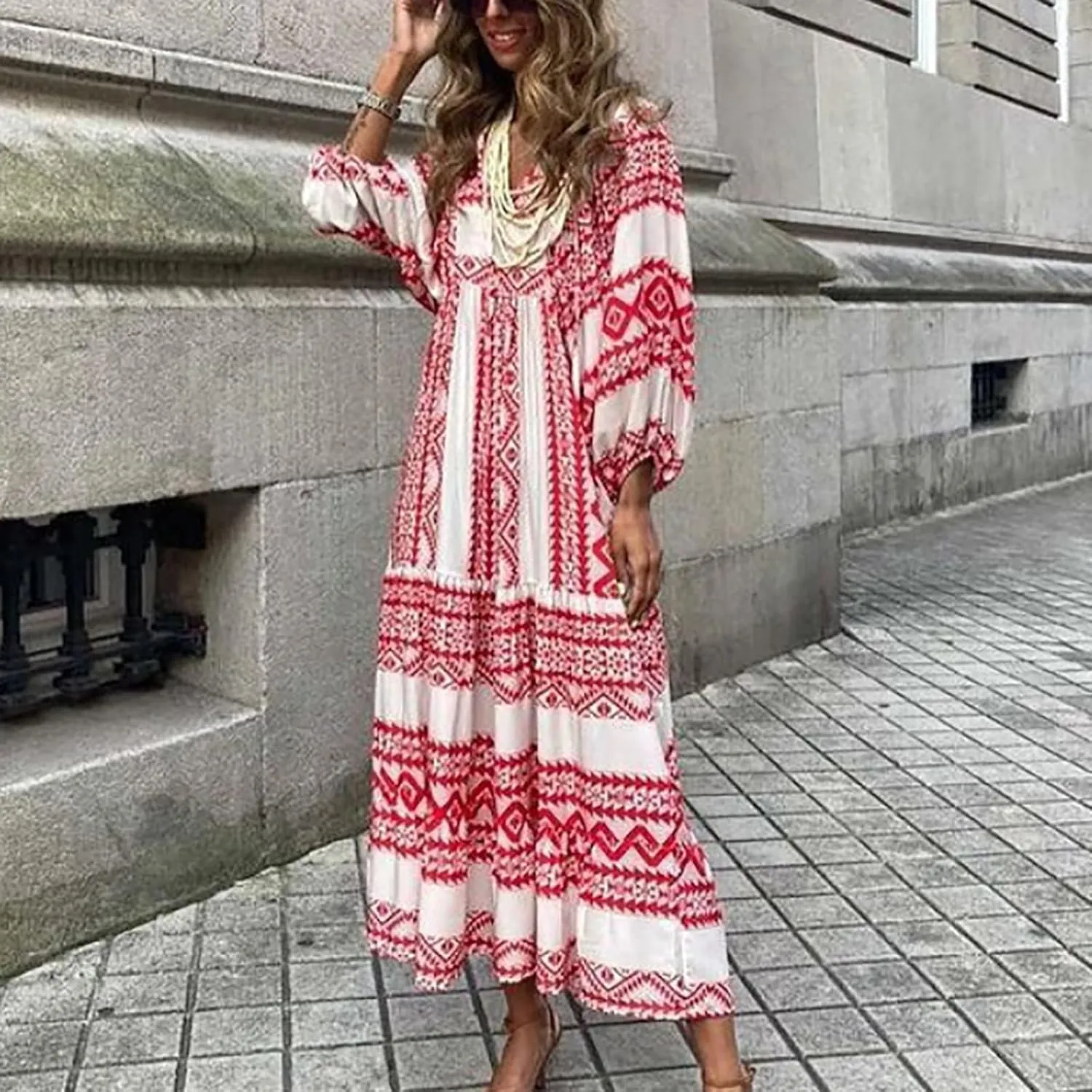ZWRXW Plus Size Boho Maxi Dress for Women Loose Bohemian Floral Dress Half Sleeve Flowy A Line Long Dress Beach Swing Dress