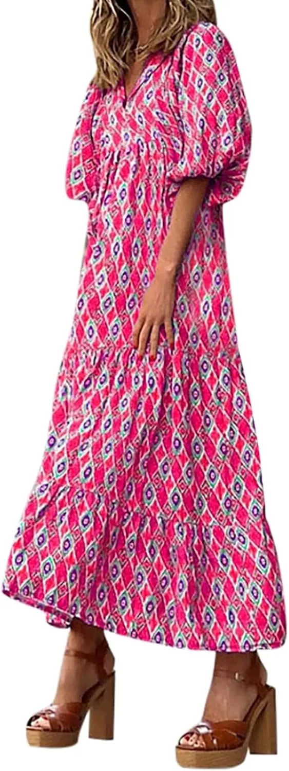 ZWRXW Womens Summer Boho Dresses Casual Loose Bohemian Floral Dress Short Sleeve Long Maxi Dress Flowy Swing Beach Dresses
