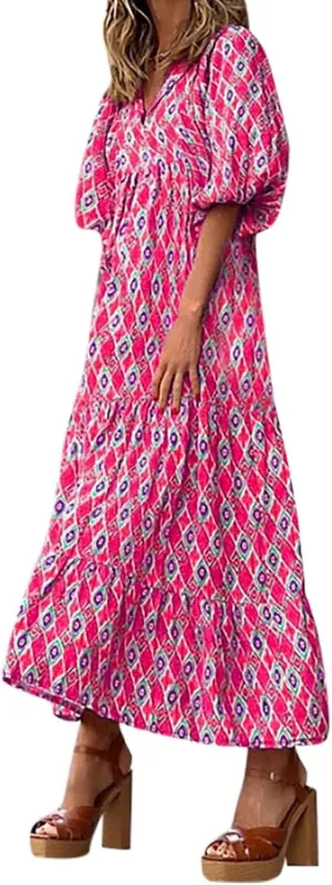 ZWRXW Womens Summer Boho Dresses Casual Loose Bohemian Floral Dress Short Sleeve Long Maxi Dress Flowy Swing Beach Dresses