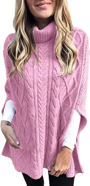 ZYXTIM Women Turtleneck Poncho Sweater Chunky Warm Cable Knit Cape Sweaters Oversize Solid Side Slit Pullover Jumper Tops